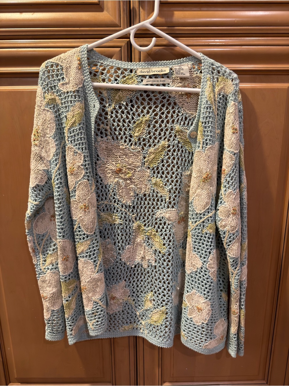 david brooks pastel blue crochet floral open-front cardigan